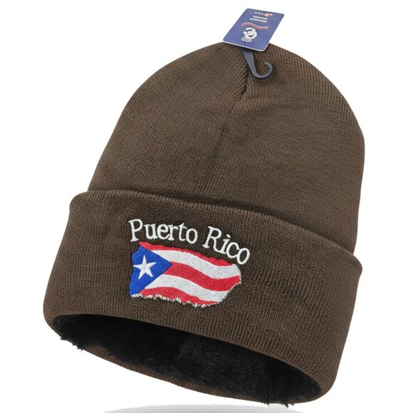 Puerto Rico Embroidered Skull Cap Beanie Winter Hat, Warm Lined, Brown, NWT - Picture 1 of 5